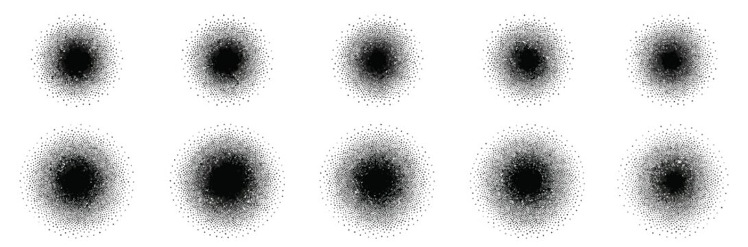 Dynamic array of diffused black circular shapes on a clean white canvas, forming a simple yet striking graphic composition