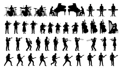 Assortment of musician silhouettes playing various musical instruments for diverse graphic design needs © Dileesha