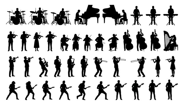 Assortment of musician silhouettes playing various musical instruments for diverse graphic design needs
