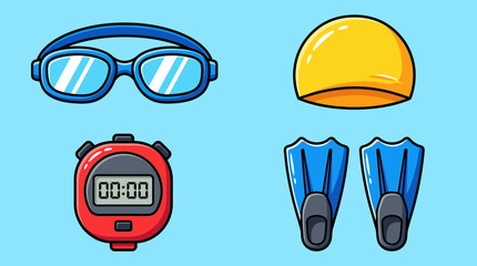 Swimming Equipment Icons Goggles, Cap, Stopwatch, and Flippers © Dileesha