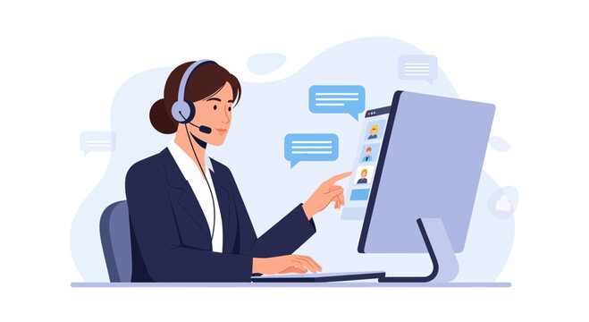 Customer service operator with headset helping client via computer and chat