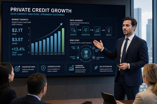 Private Credit Growth presentation with data harvest and risk sync dashboard showing market growth analytics and investment strategy for institutional finance professionals corporate briefing slide