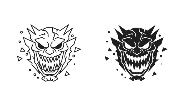 Scary demon oni mask with sharp teeth and geometric shards in line art and solid black silhouette vector for gaming logos or aggressive streetwear designs