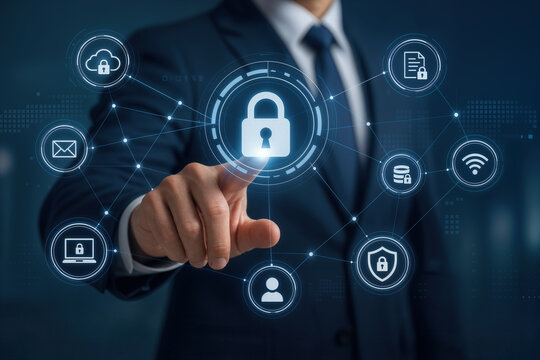 Businessman interacting with network security interface cybersecurity lock icon data protection cloud privacy access control digital network concept for corporate IT security and secure authentication