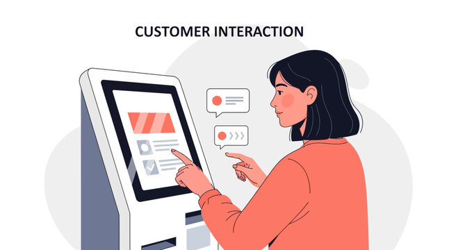 Woman Using Interactive Kiosk for Customer Interaction and Service