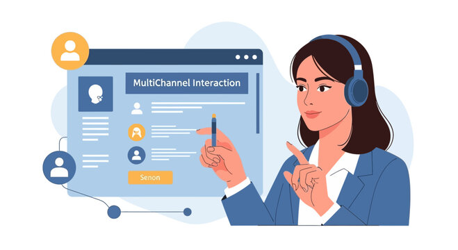 Woman with headphones managing multi-channel customer interactions on a digital screen.