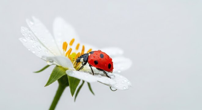 A bright red ladybug with black spots rests on a delicate white flower petal, glistening with water droplets after a fresh rain.