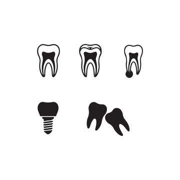 Black and white dental icons of teeth and implants on white background