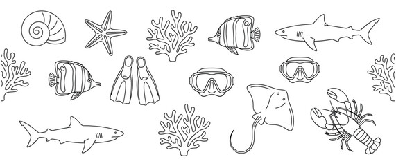 Underwater sea life elements collection with fish coral and sea creatures. © GW