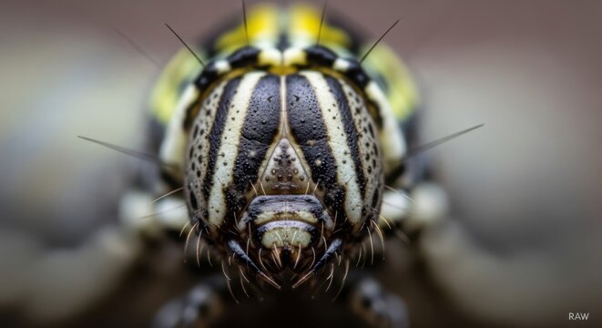 Extreme Macro Shot of an Insect Head Showcasing Intricate Striped Patterns and Detailed Features