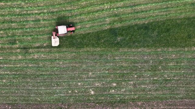An aerial view showing a red tractor cutting green grass in a field, illustrating professional agricultural land maintenance and farming.