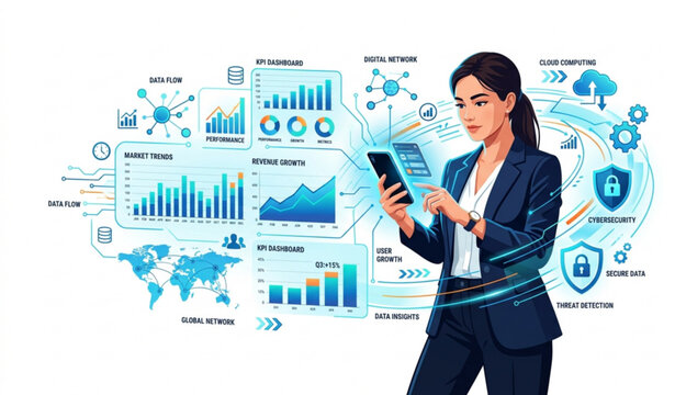 Corporate mobile technology and digital analytics transformation vector business concept