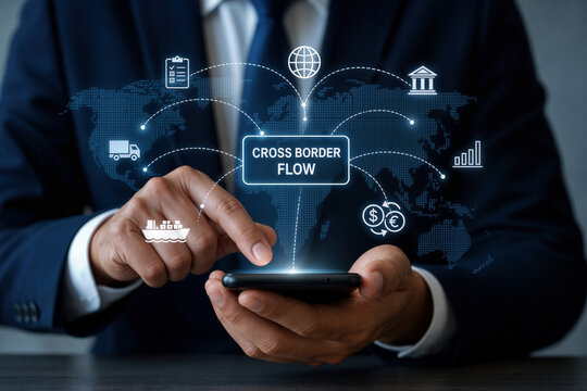 Businessman using smartphone with cross border flow network icons global trade logistics payments customs international shipping finance connectivity on mobile screen concept