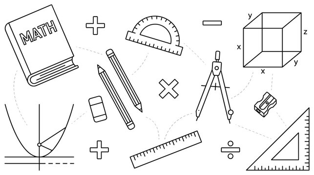 Mathematics educational tools kit with geometry objects and math formulas.