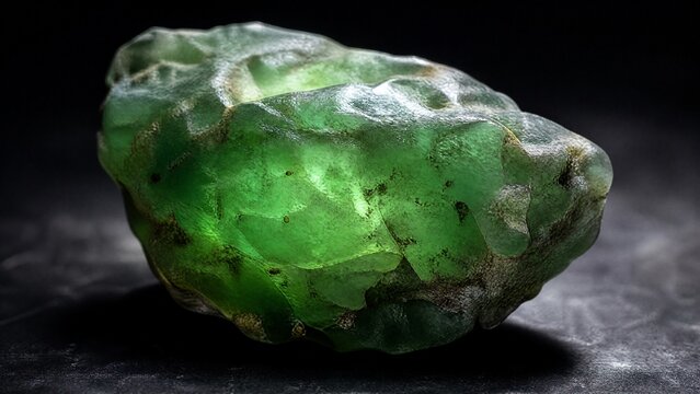 jadeite. Uncut jadeite rough stone glowing warm green under spotlight on dark surface. STEM education sheets, lab safety posters, designed for biotech research communications.