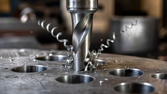reaming. A metal drill bit reaming a hole in steel, with spiral metal shavings ejecting. safety posters, maintenance manuals, designed for precision metalworking and fabrication facilities.