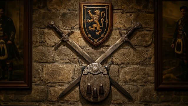 claymore. A sporran and crossed swords below a heraldic shield on a stone wall. event programs, museum guides, designed for cultural heritage projects and event programs, elevates cultural identity.