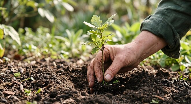 Close up of hand planting a young oak tree seedling in fertile soil for reforestation and environmental conservation