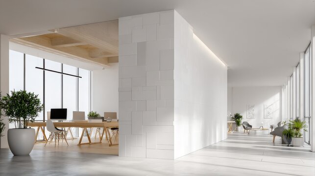 White open space office corner with mock up wall