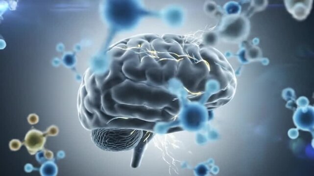 Brain activity animation shows the electrical impulses of the human brain with the molecular structures floating around.