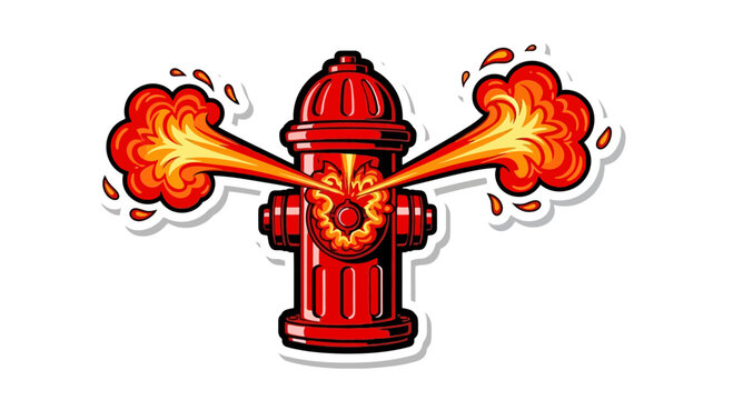 Flaming red fire hydrant exploding fiercely.