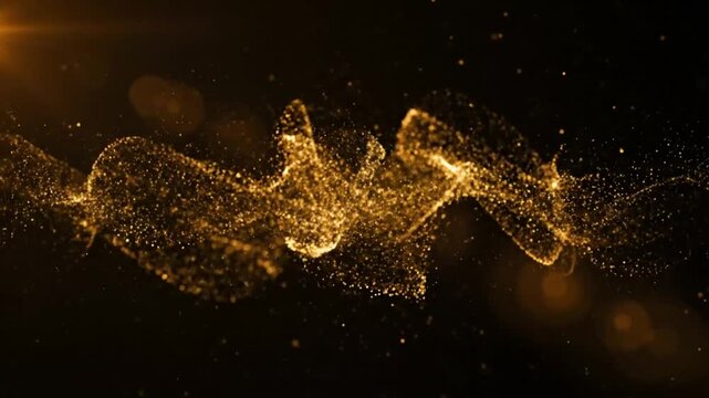 Abstract gold particle stream with lens flares on a dark background for cinematic presentations