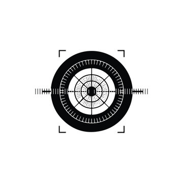 A macro biometric iris scan interface for athlete focus tracking, featuring concentric rings and scanning lines in high-contrast black and white. The design uses stark geometric shapes to