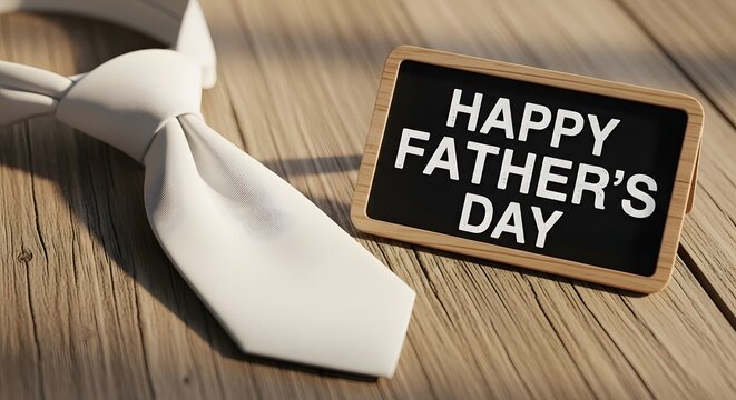 Fathers Day gift setup with necktie and chalkboard sign on wooden table