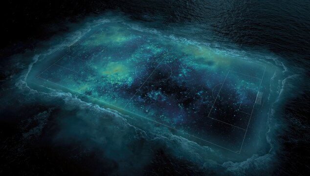 Surreal underwater stadium with glowing, ethereal formations