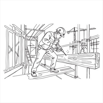 Man in hard hat using power drill on wooden beam at construction site with scaffolding