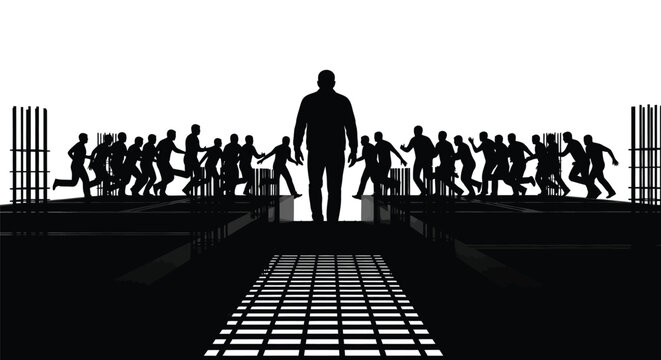 A solitary figure stands confidently facing a crowd of running silhouettes in a stark black and white illustration
