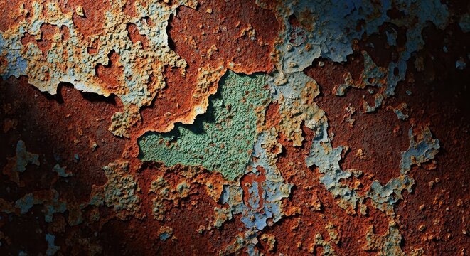 Close-up detail of a textured surface featuring an artistic tin paint effect simulating heavy weathering, rust, corrosion, and old metal, decay, close up, retro