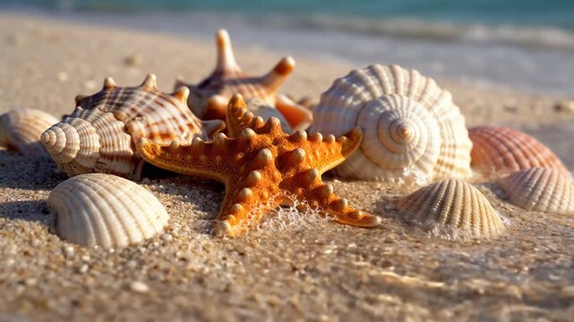 Assortment of various seashells and dried starfish scattered on fine light white sand beach background, collection of marine life shells and sea stars in bright daylight.