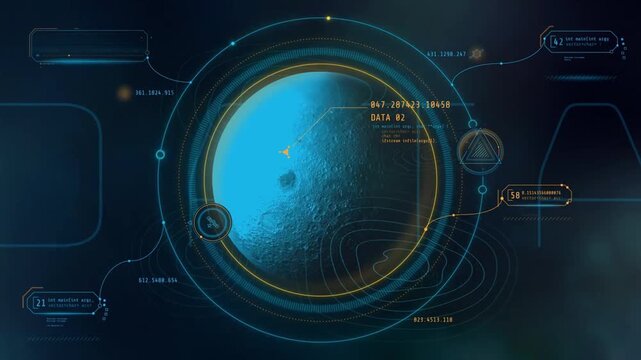 Futuristic Moon HUD Interface with Rotating Lunar Surface and Digital Analytics