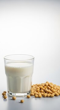 Fresh white soymilk in a clear glass alongside dried organic soybeans, highlighting healthy dairy alternatives and plant-based protein, white, diet, seed pod