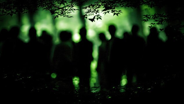 Silhouetted figures emerge from a dark, emerald-green, misty forest