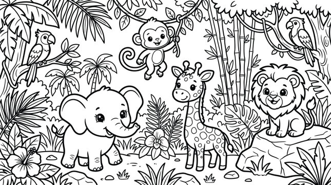 Cute jungle animals coloring page for children, featuring elephant, monkey, giraffe, lion, and parrot in a tropical setting, perfect for creative fun