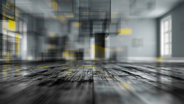 Abstract interior with floating geometric shapes and a textured floor