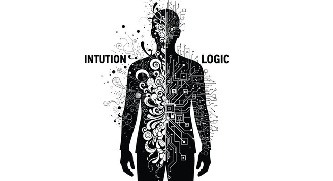 Silhouette of a person split between organic intuition and technological logic symbolizing the human mind