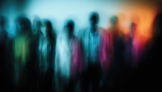 Blurred figures emerge from vibrant, smoky, and colorful darkness