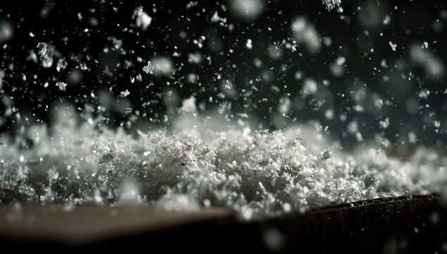 White particles exploding, showering down onto a dark surface