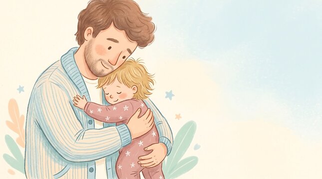 Father cuddling sleeping toddler in pajamas