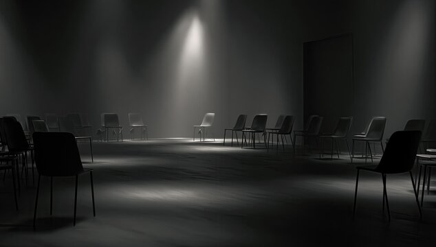 Empty chairs in a circle, bathed in stark spotlights, suggesting a paused gathering