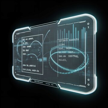 A glowing holographic display screen shows complex data charts and abstract numerical information in a futuristic digital interface design style