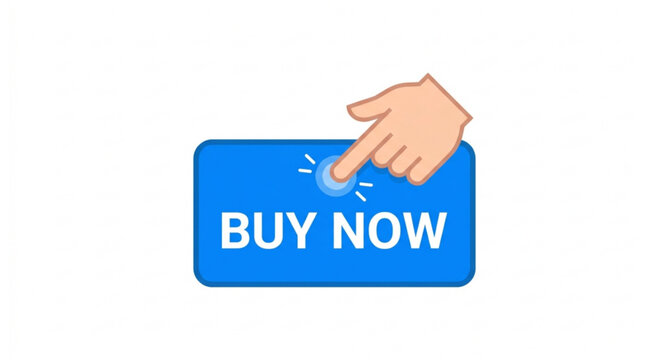 Rounded buy now button with hand cursor vector icon isolated on white background