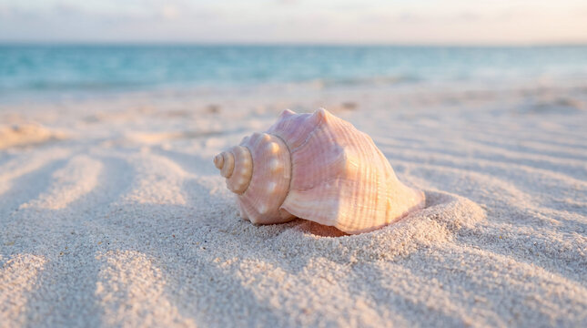 Bright macro of a seashell on a sunny sandy beach, summer vacation concept with soft natural light and copy space