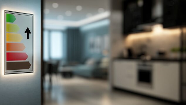Energy rating label affixed to wall in modern kitchen with living area background