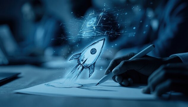 Hand drawing a rocket launching, symbolizing startup success and innovation