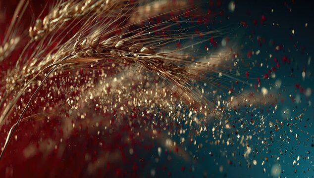 Golden wheat stalks with scattered, shimmering particles against a dark, blurred backdrop