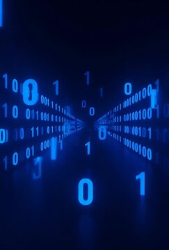 Abstract Digital Data Stream With Blue Binary Code Glowing In Dark Futuristic Tunnel Infinite Loop Concept